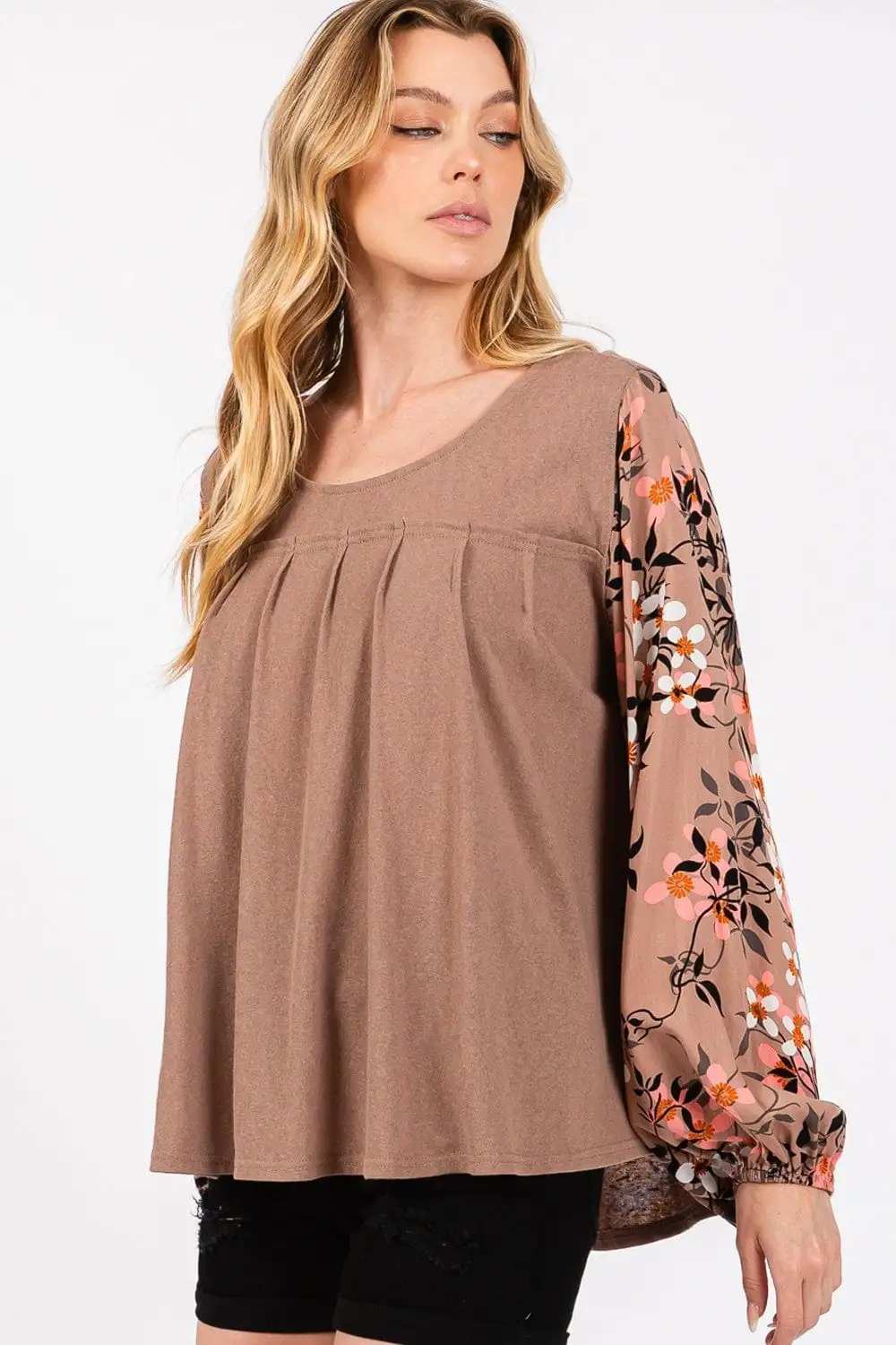 SAGE + FIG Floral Long Sleeve Front Pleated Detail Blouse - Trendsi - Flyclothing LLC