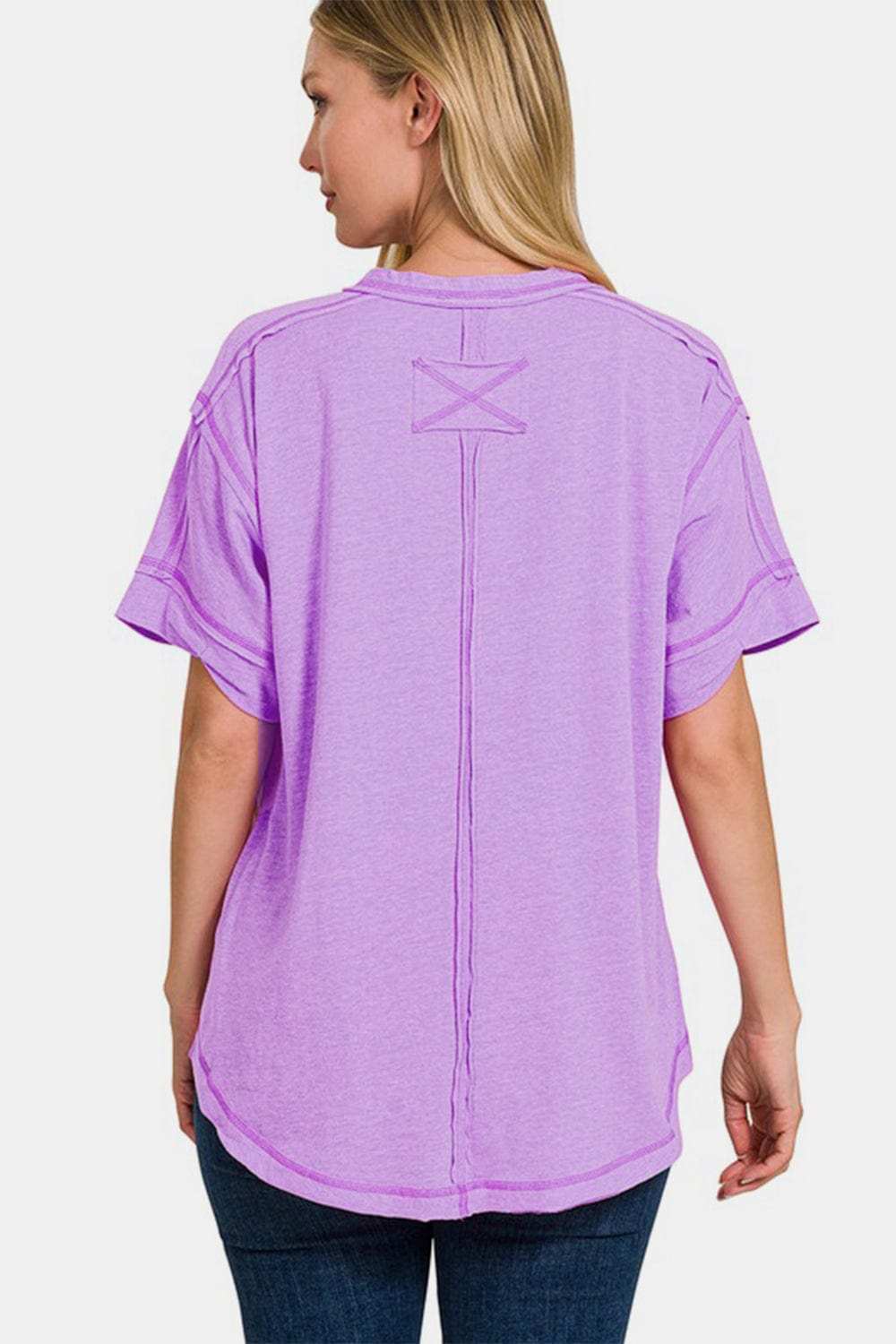 Zenana Exposed Seam Half Button Short Sleeve Top - Trendsi - Flyclothing LLC