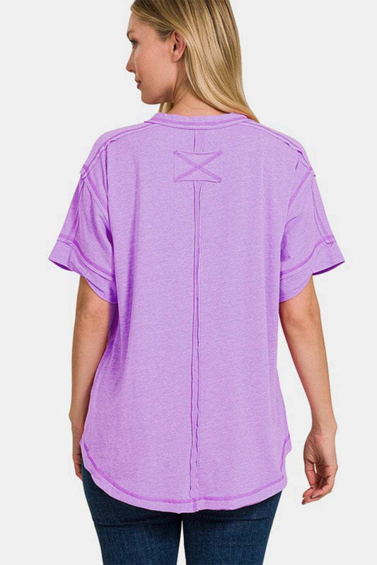 Zenana Exposed Seam Half Button Short Sleeve Top - Trendsi - Flyclothing LLC