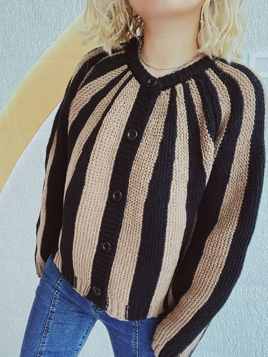 Contrast Stripes Button Down Long Sleeve Cardigan - Trendsi