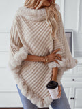 Fuzzy Trim Texture Three-Quarter Sleeve Poncho - Trendsi