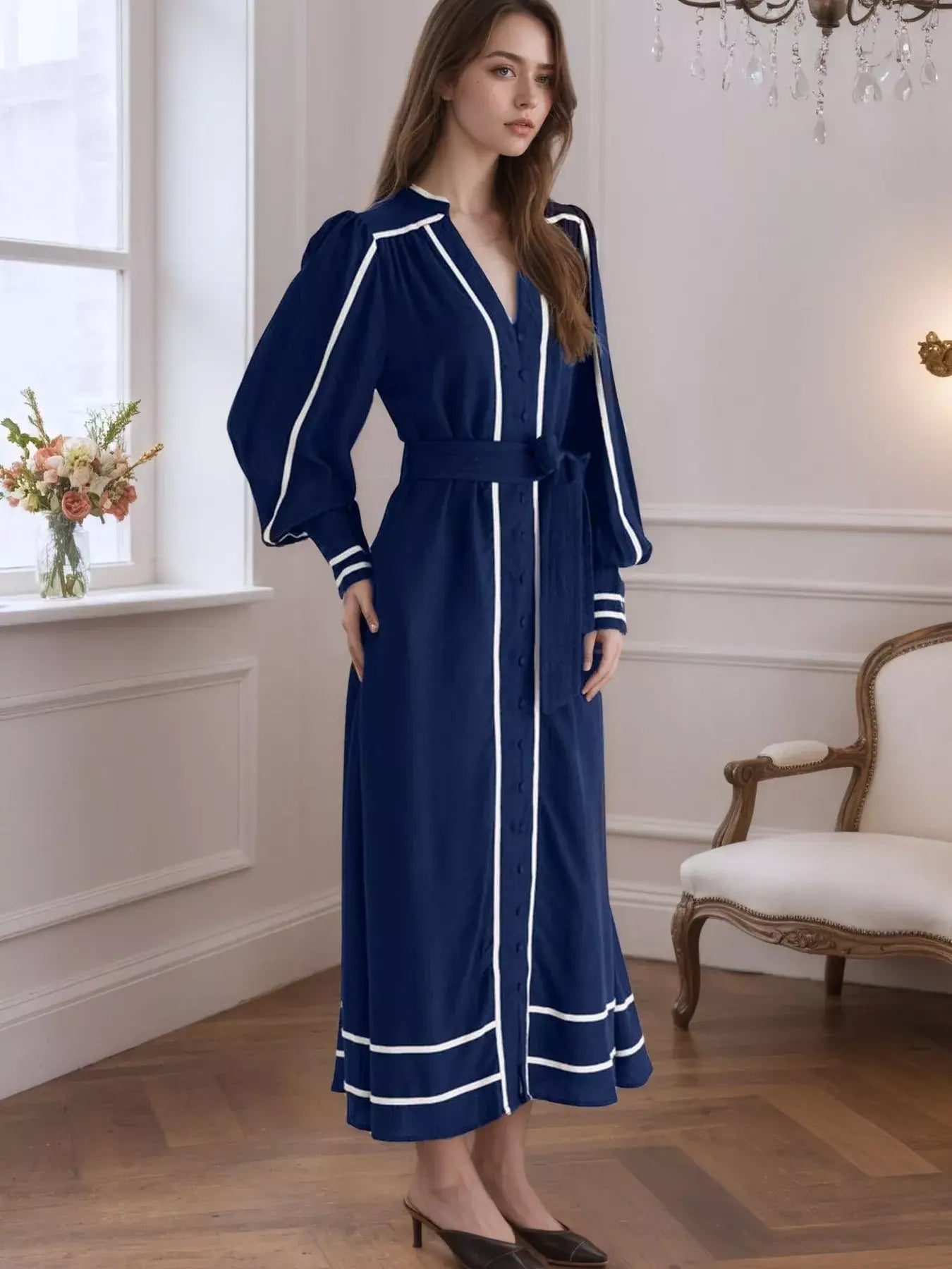 Notched Lantern Sleeve Dress - Trendsi - Flyclothing LLC