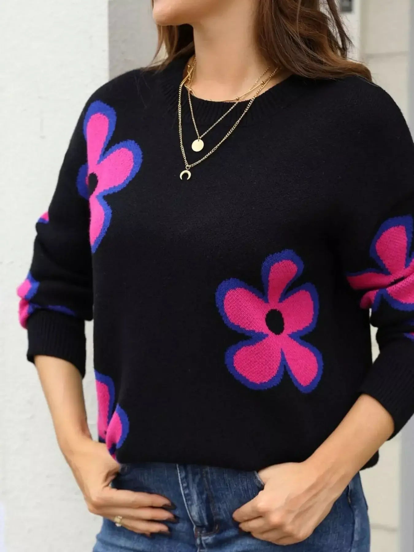 Floral Crew Neck Sweater - Trendsi - Flyclothing LLC