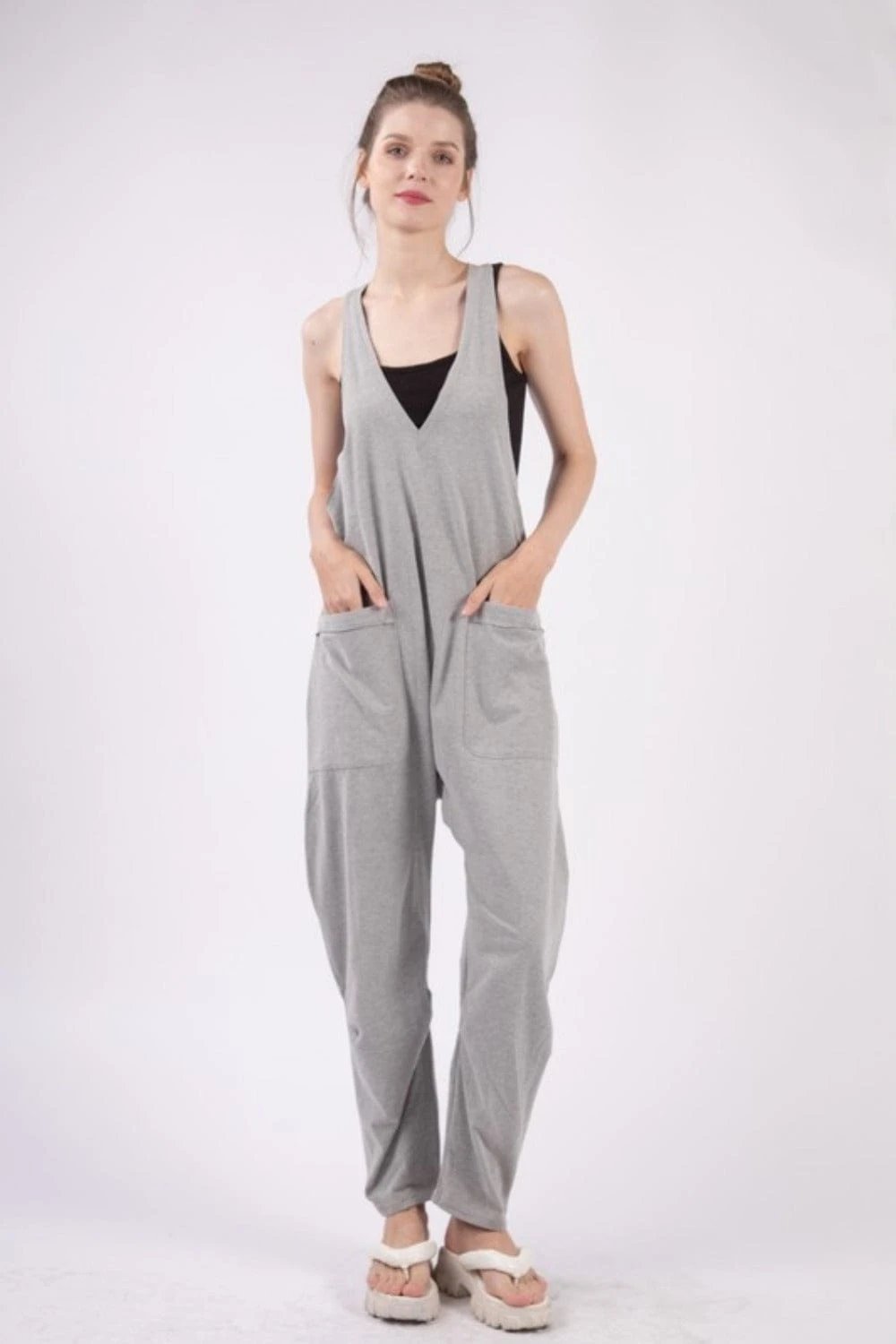VERY J  Plunge Sleeveless Jumpsuit with Pockets - Trendsi