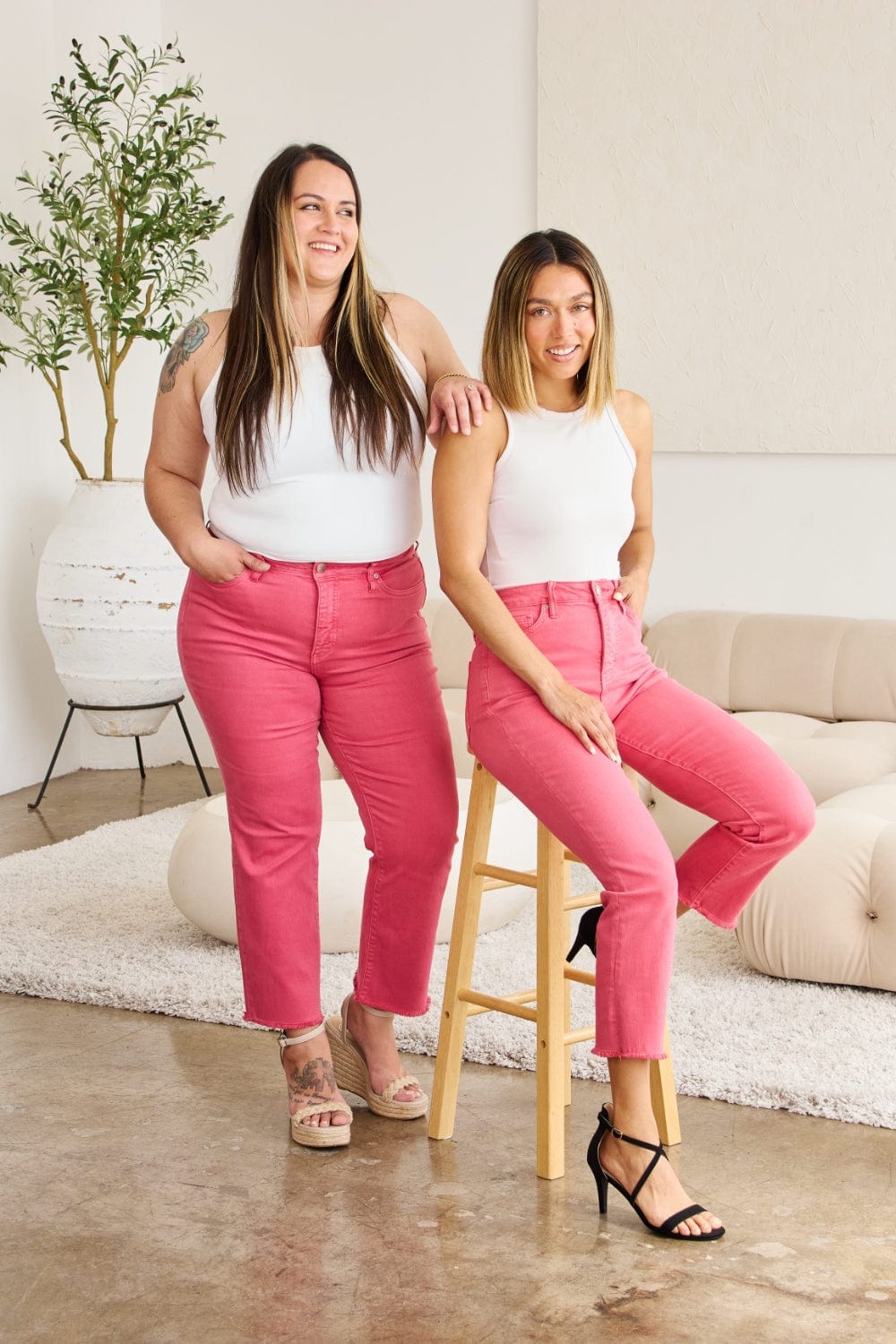 RFM Crop Dylan Full Size Tummy Control High Waist Raw Hem Jeans - Trendsi