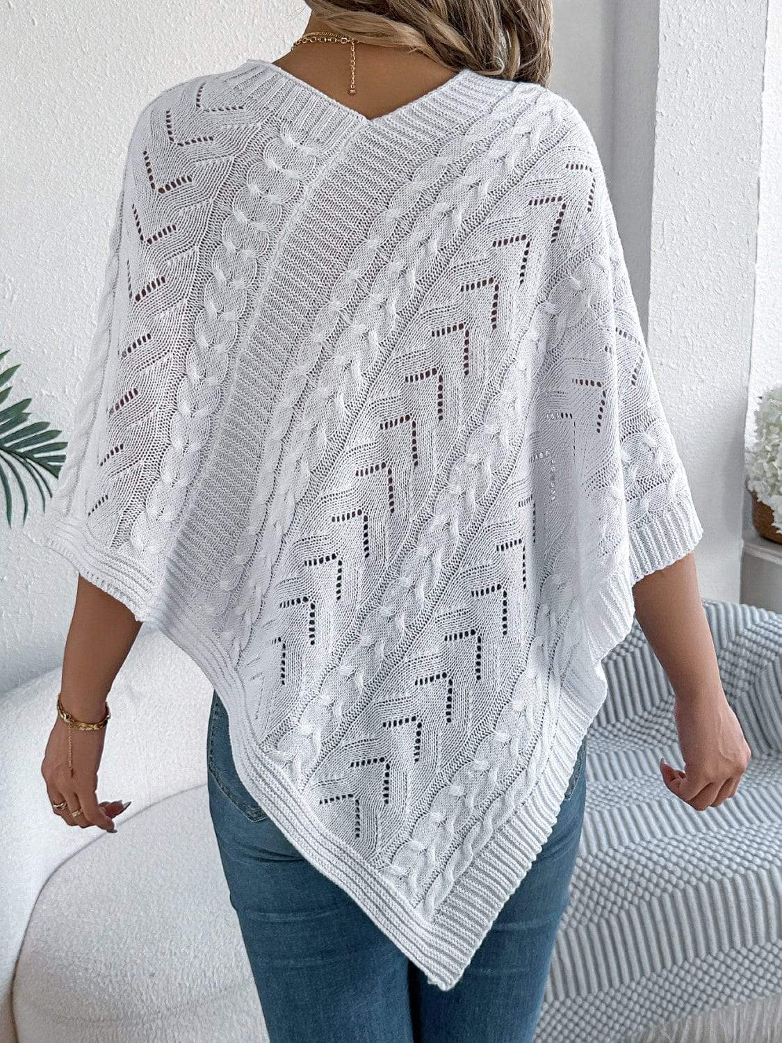 Cable-Knit Openwork Three-Quarter Sleeve Sweater - Trendsi - Flyclothing LLC