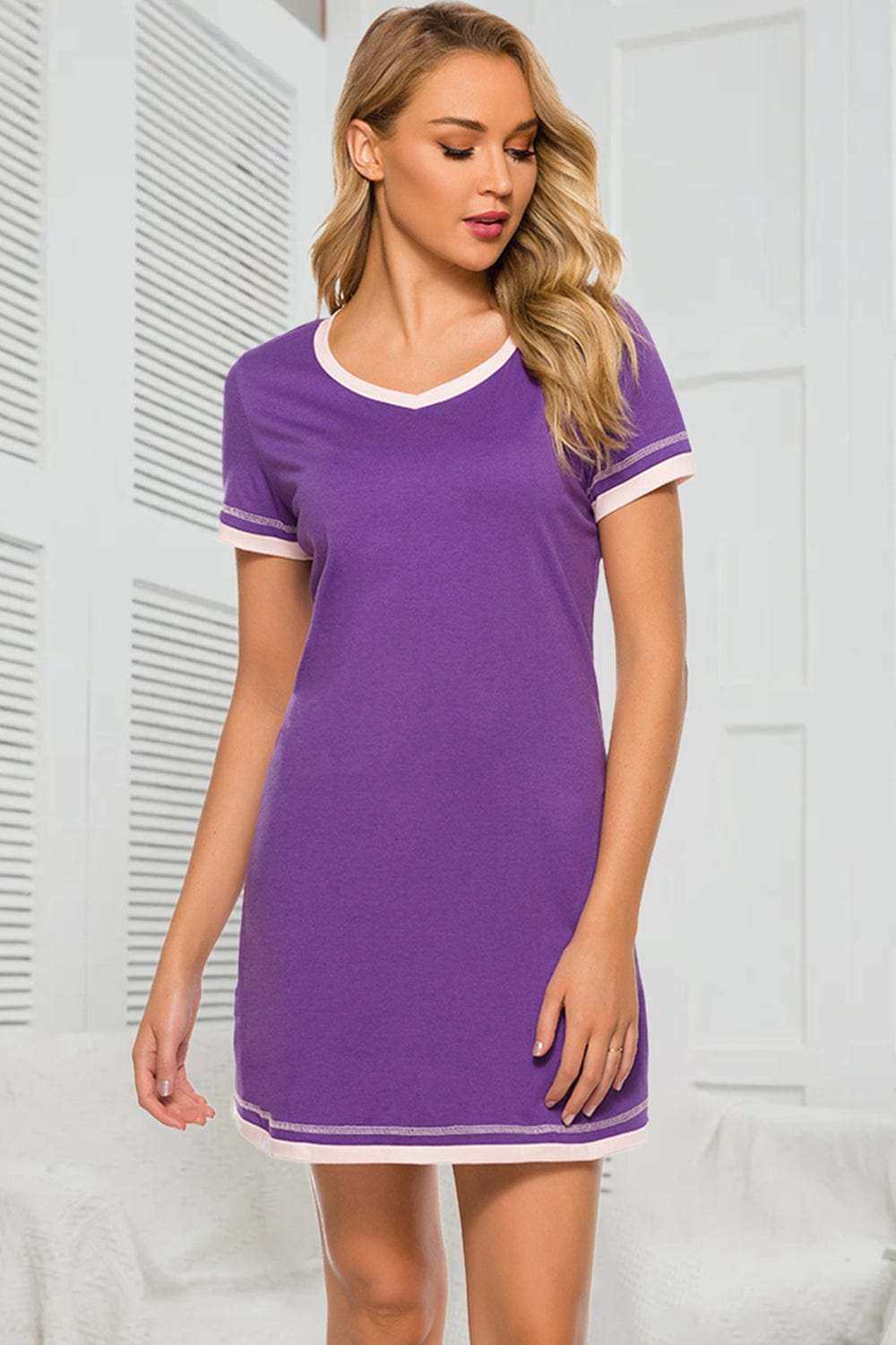 Contrast Trim Short Sleeve Lounge Dress - Trendsi - Flyclothing LLC