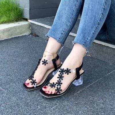 Flower Square Toe Block Heel Sandals - Trendsi - Flyclothing LLC