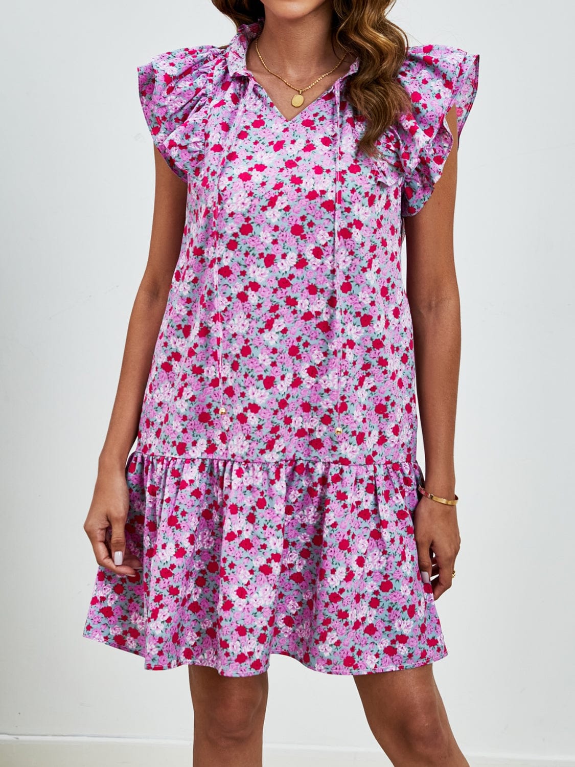 Tied Floral Cap Sleeve Mini Dress - Trendsi