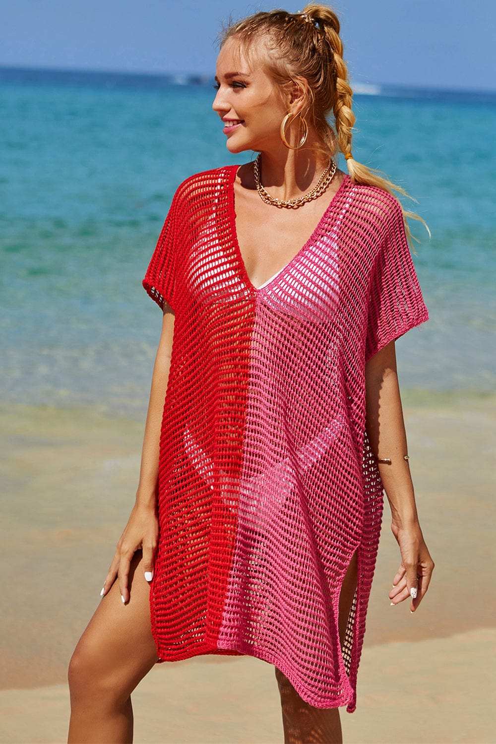 Double Take Openwork Contrast Slit Knit Cover Up - Trendsi - Flyclothing LLC