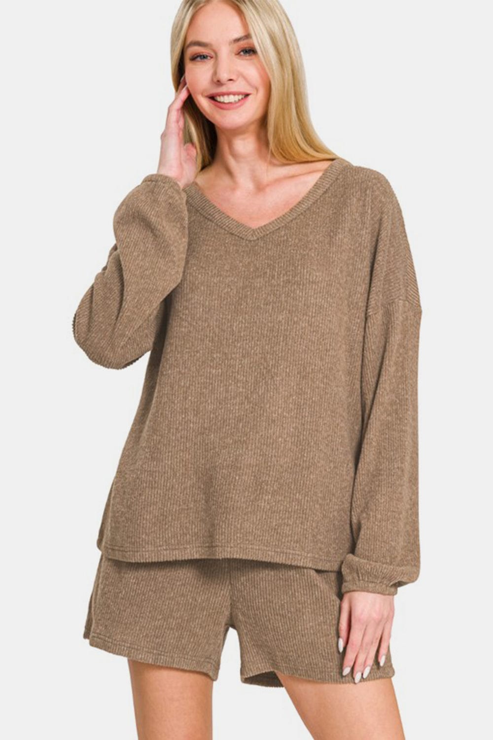 Zenana V-Neck Long Sleeve Ribbed Top and Shorts Set - Trendsi - Flyclothing LLC