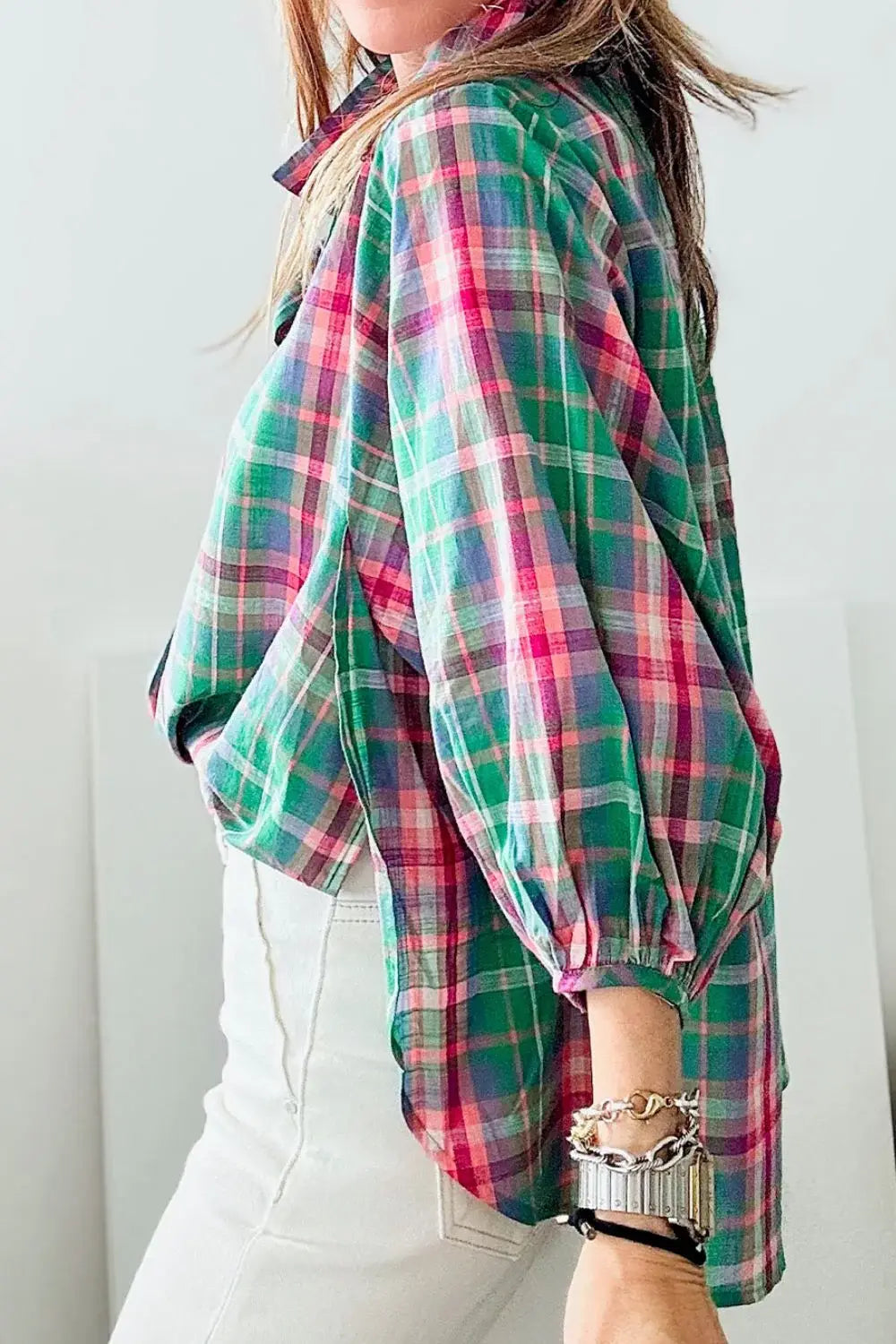 Plaid Collared Neck Three-Quarter Sleeve Shirt - Trendsi - Flyclothing LLC