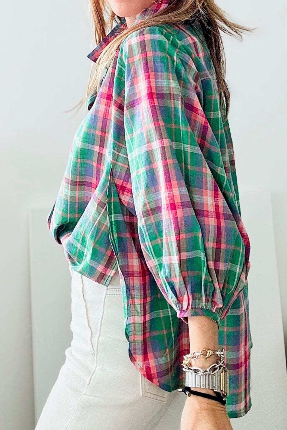 Plaid Collared Neck Three-Quarter Sleeve Shirt - Trendsi - Flyclothing LLC