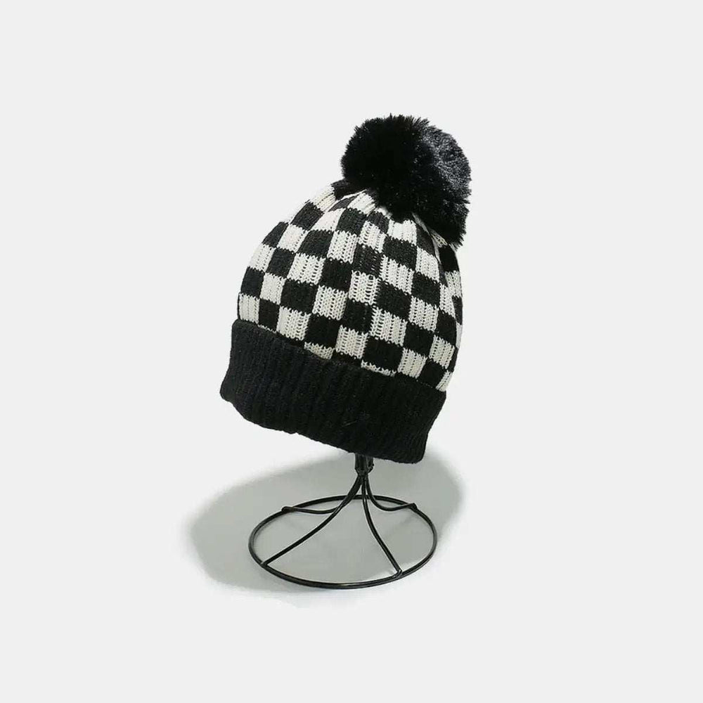 Checkered Knit Hat with Pompom - Trendsi - Flyclothing LLC