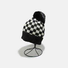 Checkered Knit Hat with Pompom - Trendsi