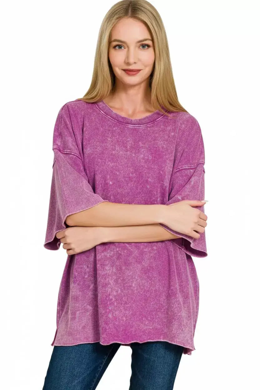 Zenana French Terry Washed Drop Shoulder Short Sleeve Top - Trendsi - Flyclothing LLC