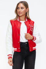 Love Me Now PU Leather Contrast Snap Down Bomber Jacket - Trendsi