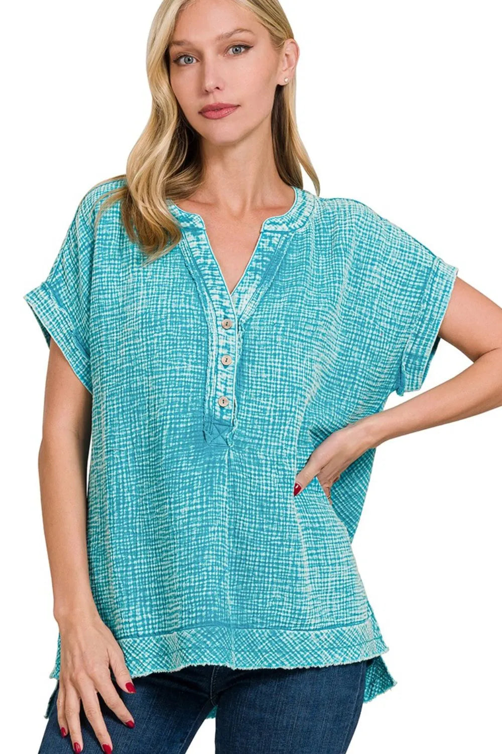 Zenana Washed Double Gauze 3/4 Button Henley Neck Shirt - Trendsi