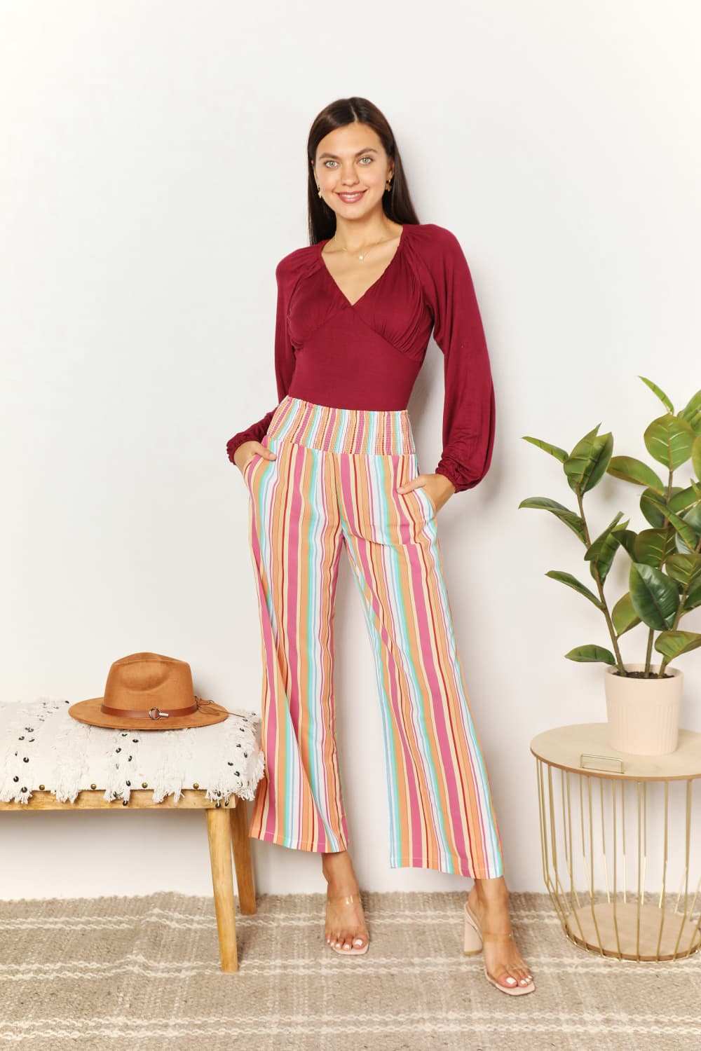 Double Take Striped Smocked Waist Pants with Pockets - Trendsi - Flyclothing LLC