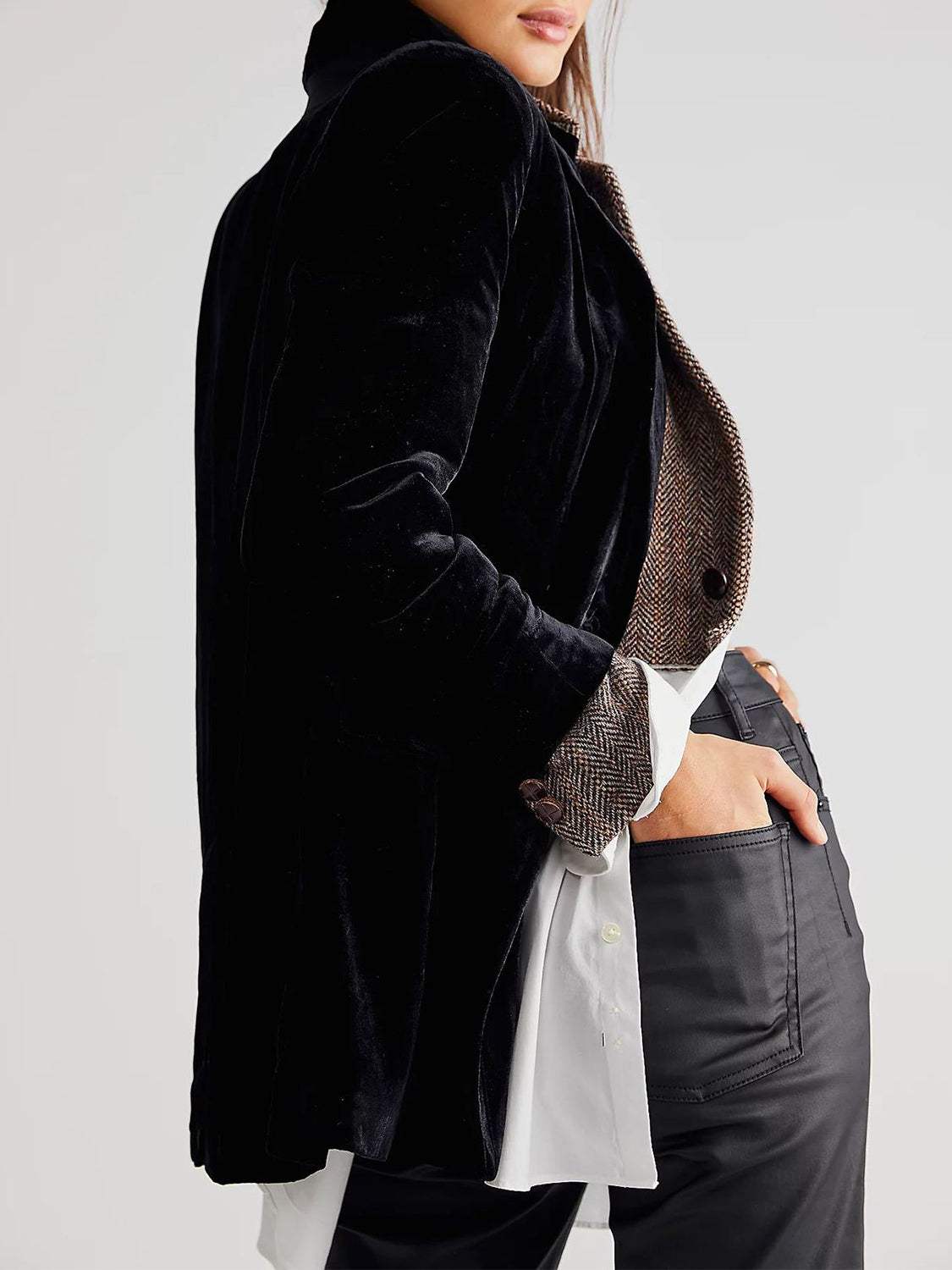 Lapel Collar Long Sleeve Blazer with Pockets - Trendsi - Flyclothing LLC