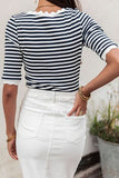 Striped Contrast Scallop Trim Half Sleeve T-shirt - Trendsi