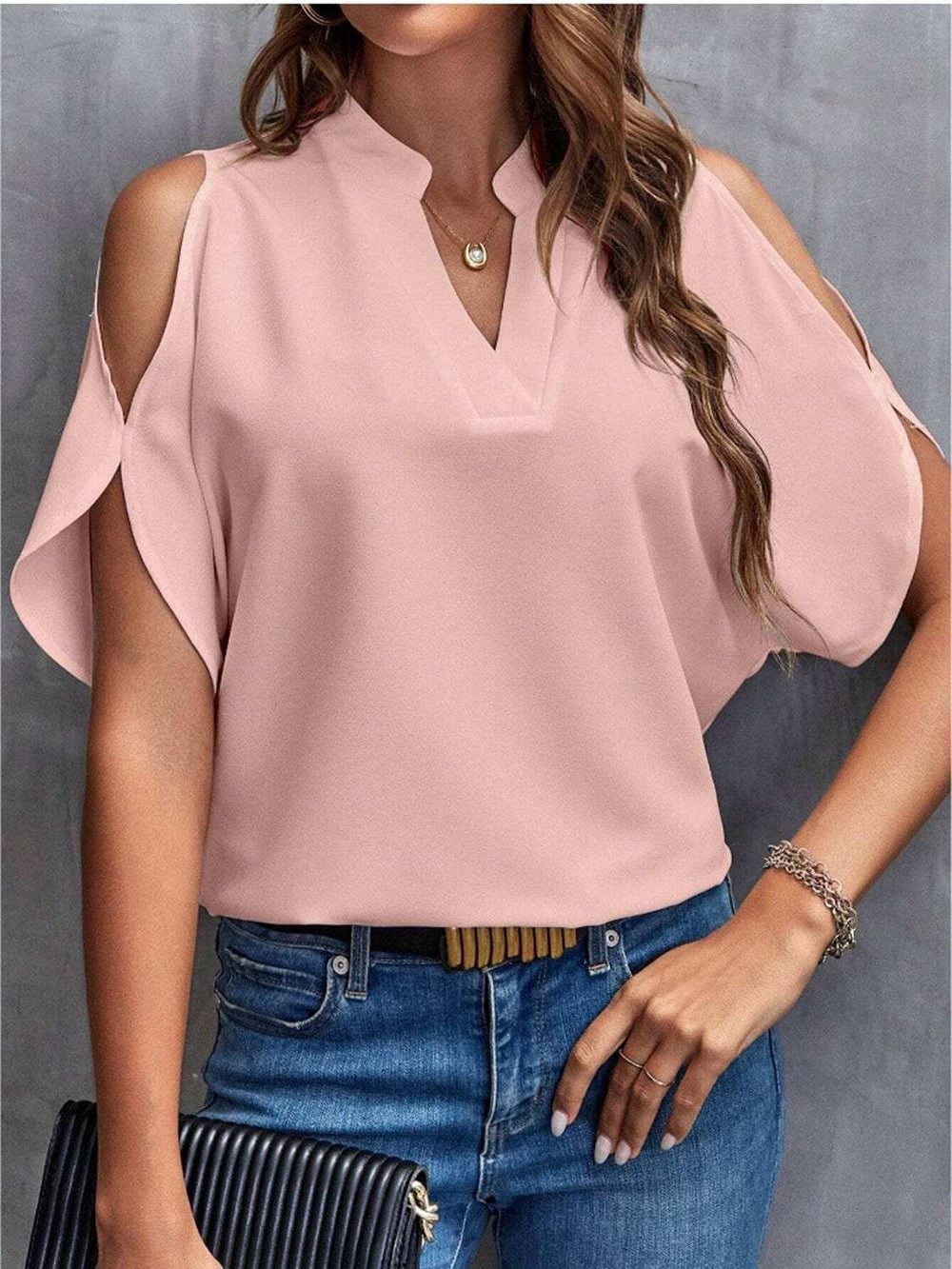 Notched Cold Shoulder Half Sleeve Blouse - Trendsi - Flyclothing LLC