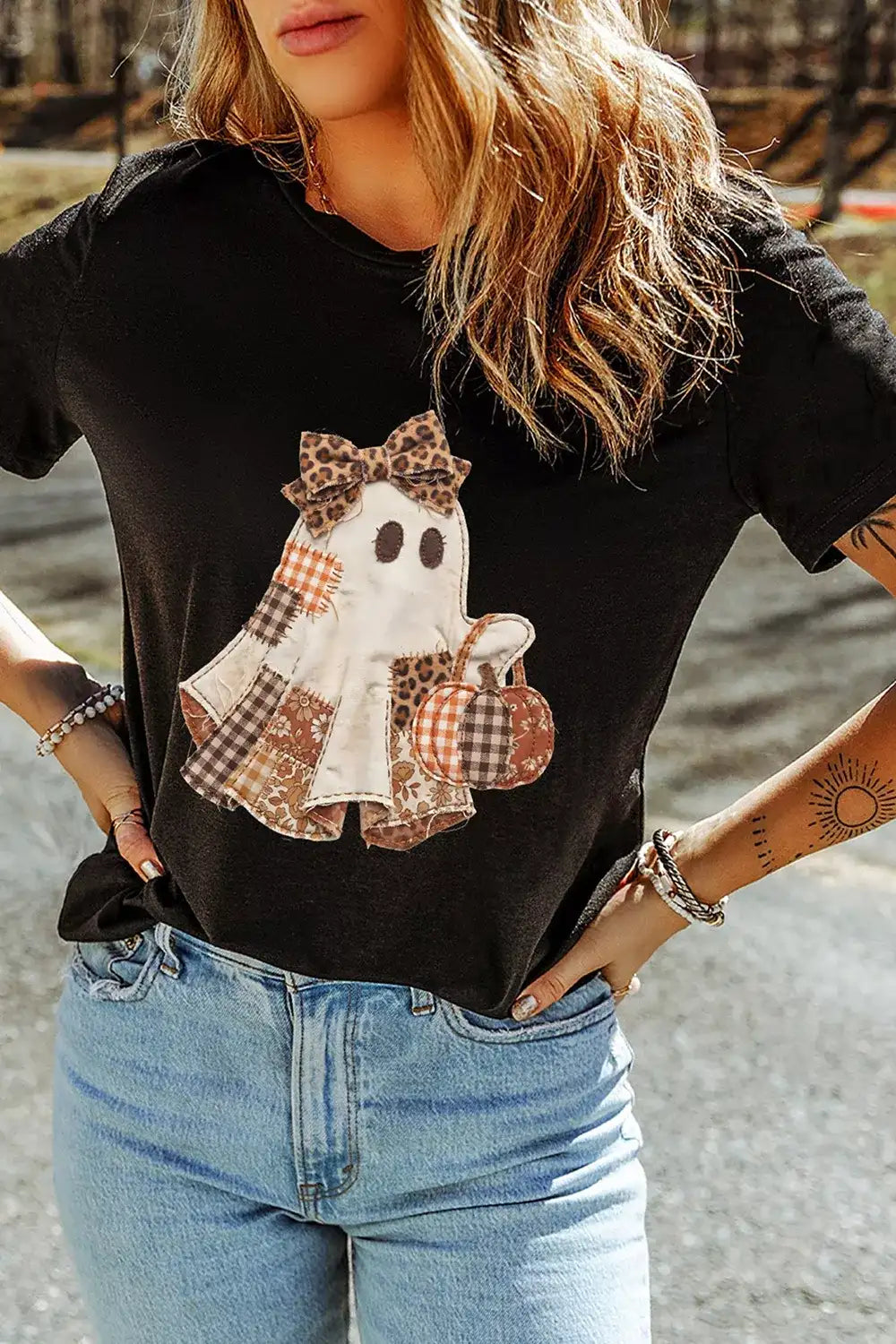 Full Size Halloween Ghost Applique Short Sleeve T-Shirt Plus Size - Trendsi - Flyclothing LLC