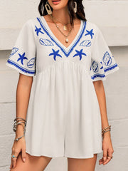 Printed V-Neck Half Sleeve Romper - Trendsi