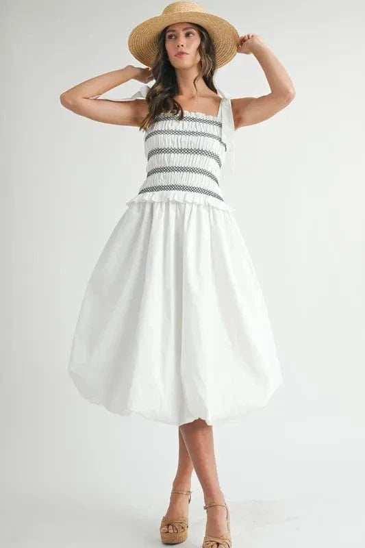 MABLE Smocked Bodice Bubble Midi Dress - Trendsi - Flyclothing LLC