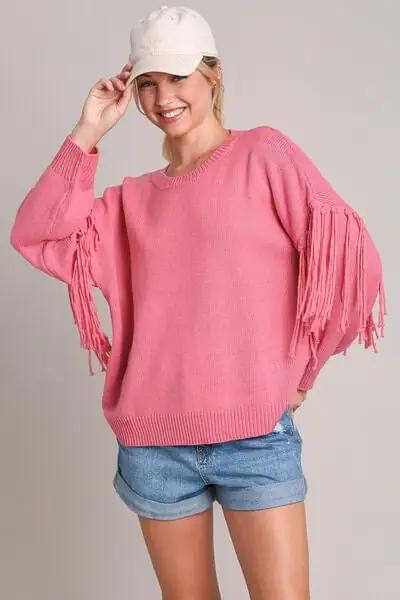 Umgee Full Size Fringe Round Neck Long Sleeve Sweater Plus Size - Trendsi
