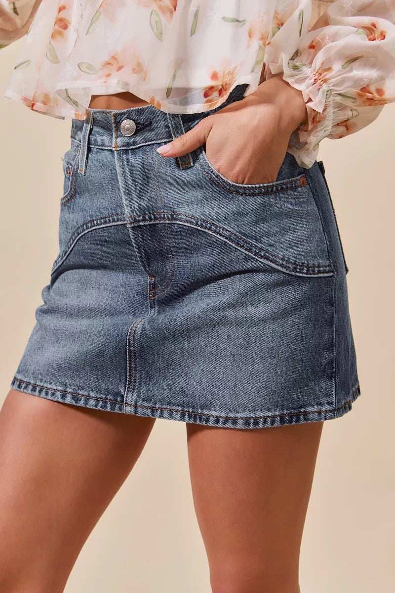 SO ME Washed Denim Mini Skirt with Pockets - Trendsi - Flyclothing LLC