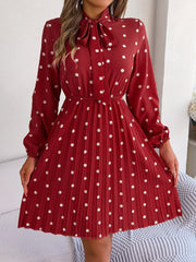 Polka Dot Tie Neck Pleated Dress - Trendsi