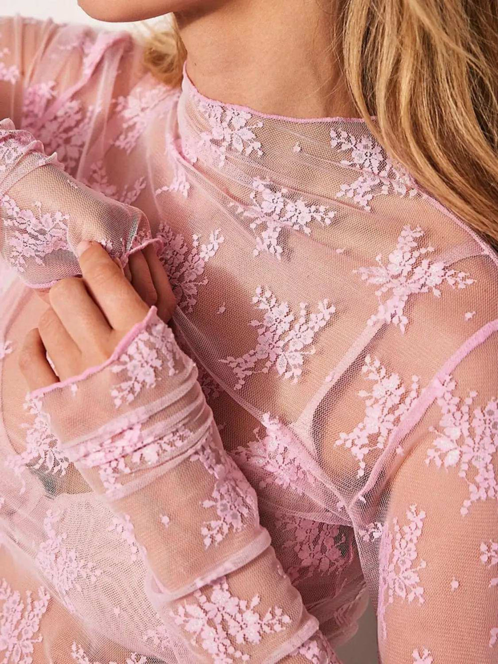 Lace Mock Neck Long Sleeve Blouse - Trendsi - Flyclothing LLC