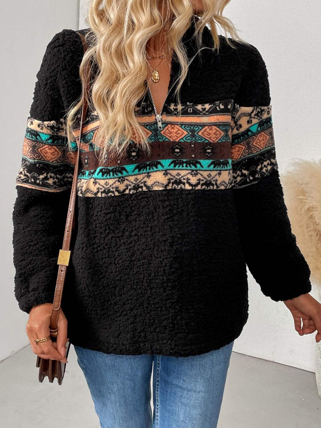 Quarter Zip Geometric Long Sleeve Sweatshirt - Trendsi - Flyclothing LLC