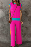 Contrast Round Neck Top and Pants Set - Trendsi - Flyclothing LLC