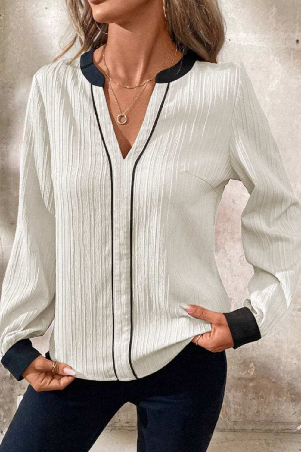 Contrast Notched Long Sleeve Blouse - Trendsi - Flyclothing LLC
