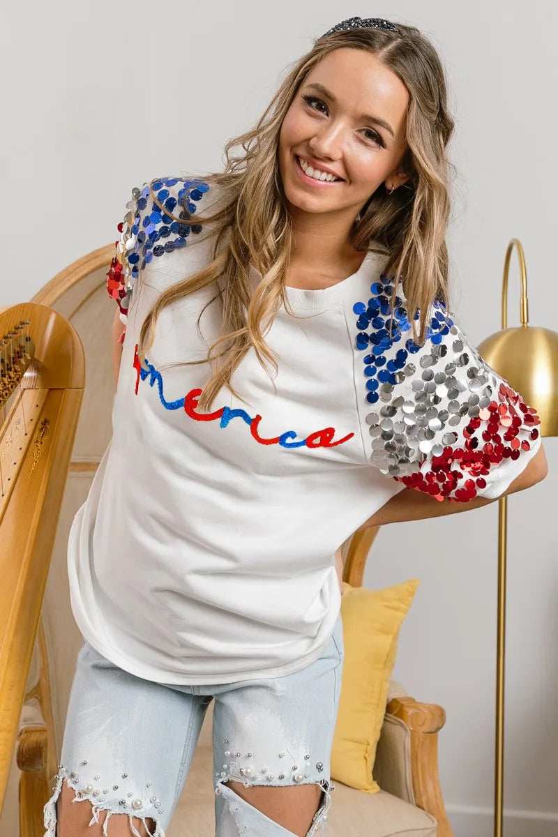 BiBi America Letter Applique Spangle Puff Sleeves Top - Trendsi - Flyclothing LLC