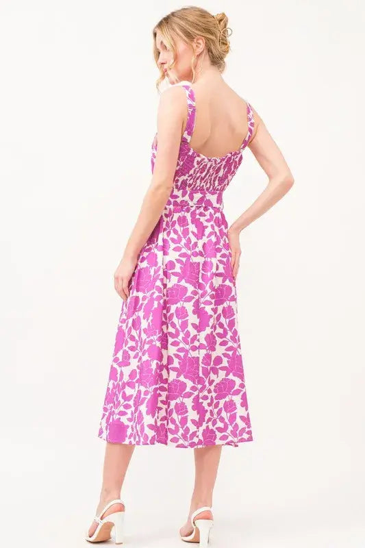 And The Why Square Neck Belted Floral Printed Midi Dress - Trendsi - Flyclothing LLC
