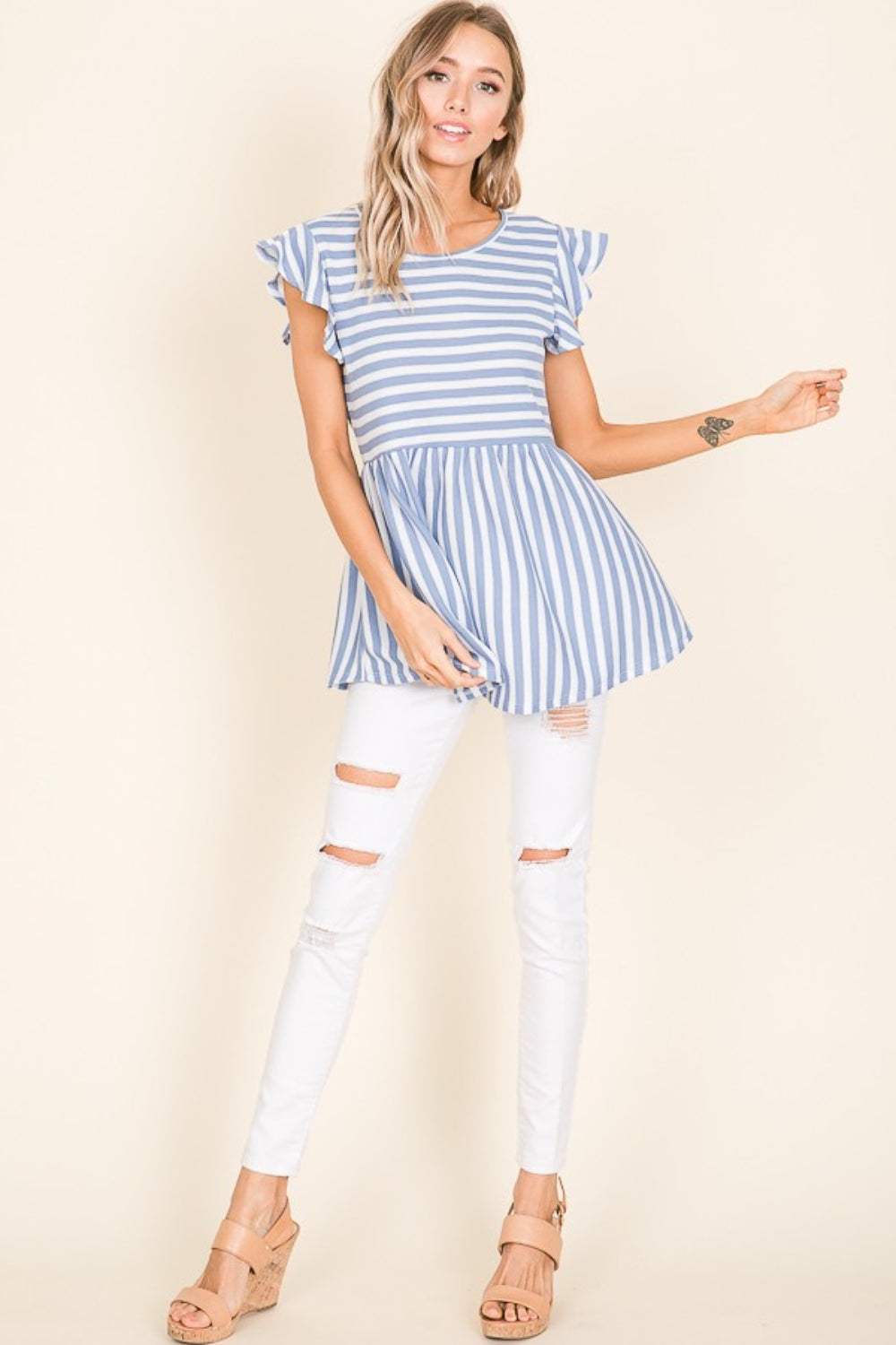 BOMBOM Striped Round Neck Blouse - Trendsi - Flyclothing LLC