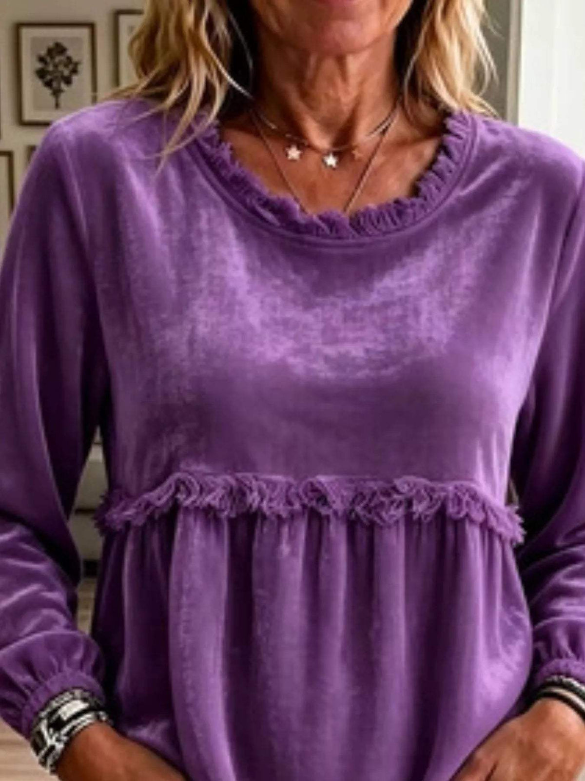 Fringed Hem Long Sleeve T-Shirt - Trendsi - Flyclothing LLC