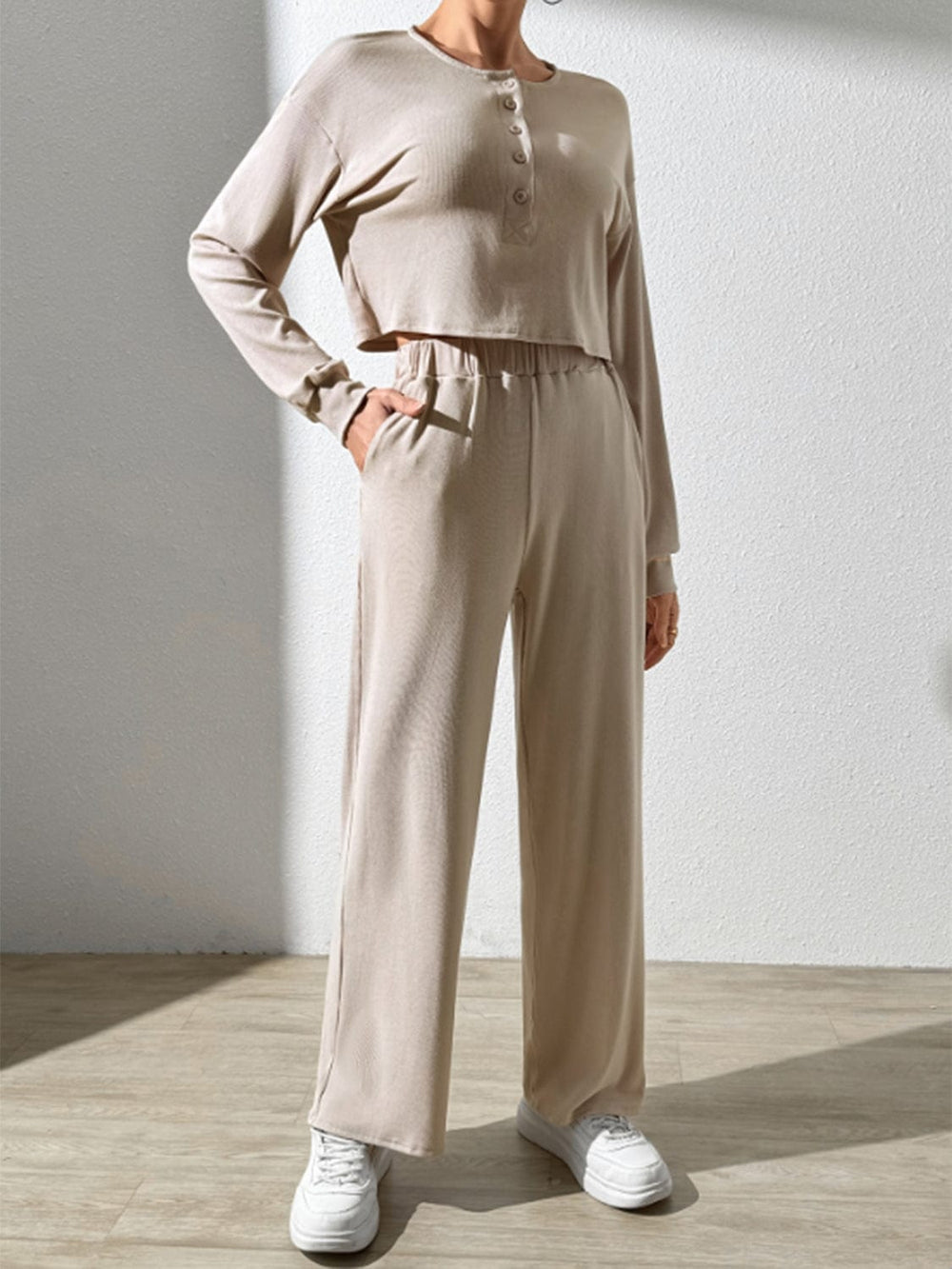 Half Button Long Sleeve Top and Pants Set - Trendsi