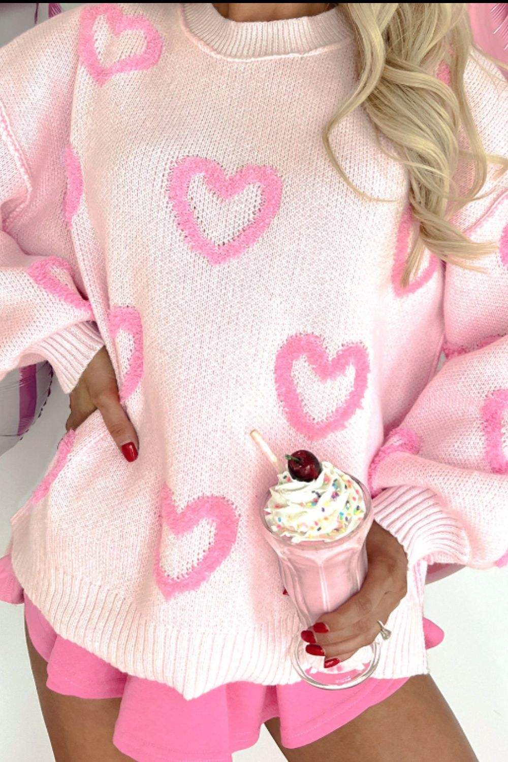 High-Low Heart Round Neck Long Sleeve Sweater - Trendsi - Flyclothing LLC