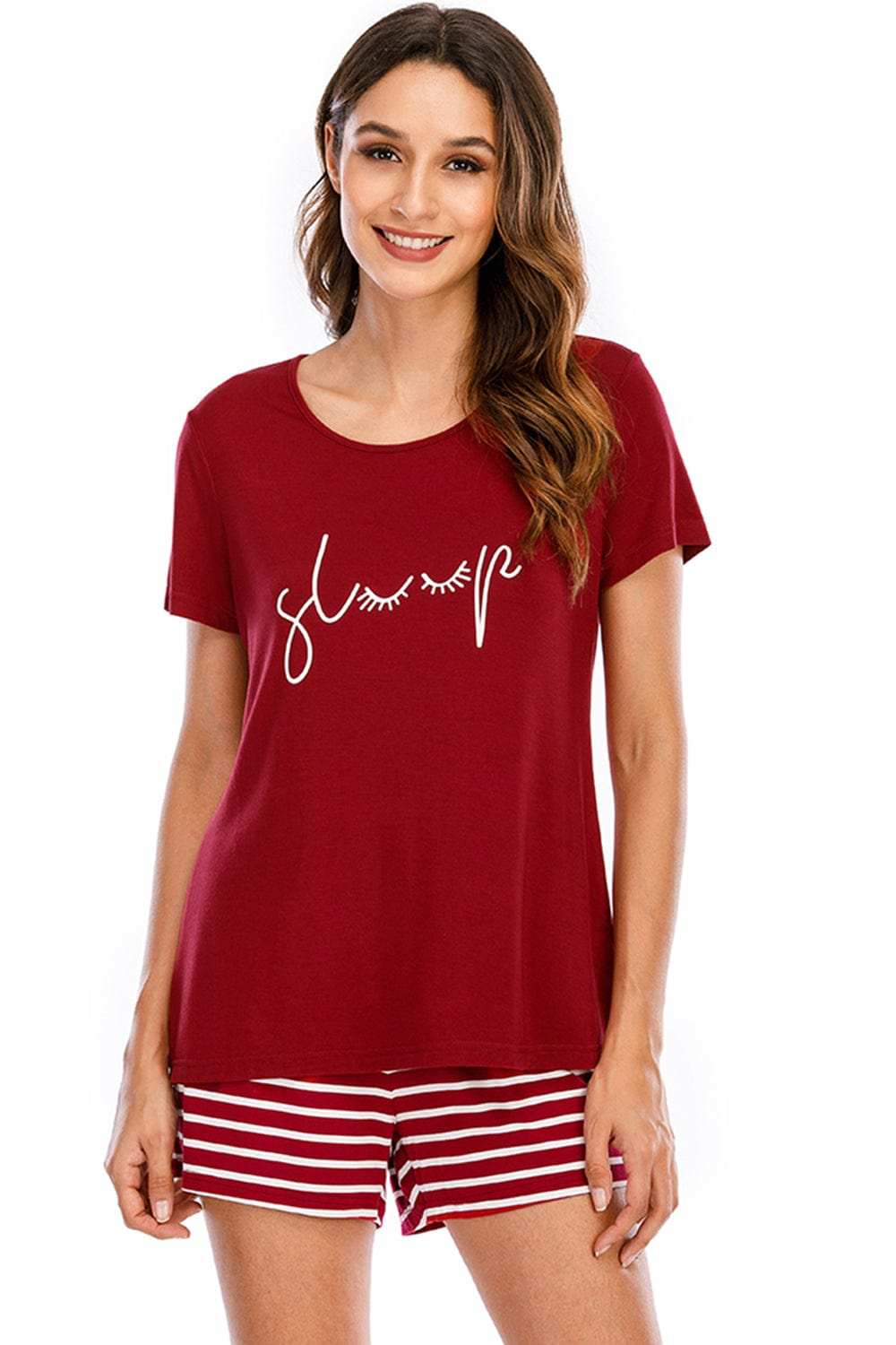 Graphic Round Neck Top and Striped Shorts Lounge Set - Trendsi - Flyclothing LLC