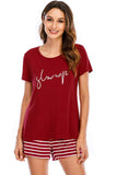 Graphic Round Neck Top and Striped Shorts Lounge Set - Trendsi - Flyclothing LLC