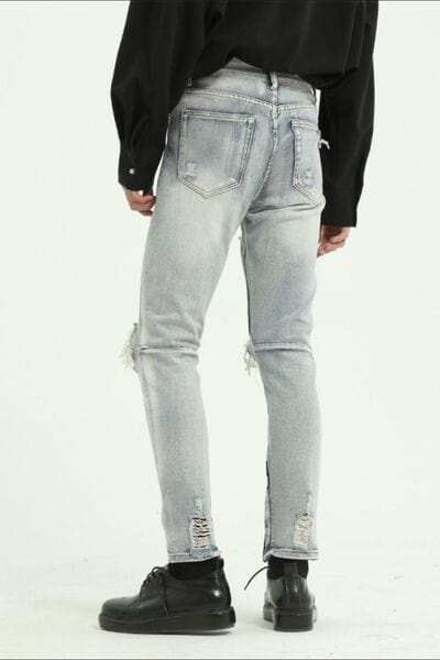 Pocketed Distressed Jeans with Side Zip - Trendsi - Flyclothing LLC