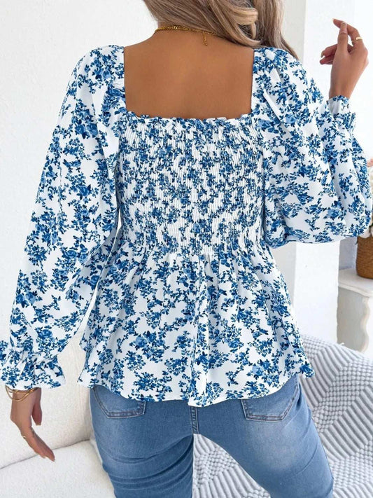 Floral Square Neck Flounce Sleeve Blouse - Trendsi - Flyclothing LLC
