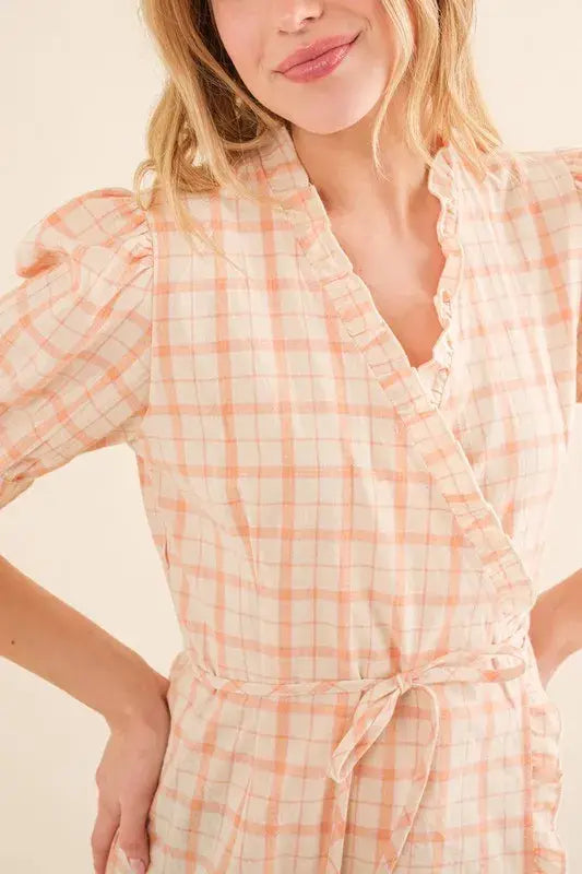 And The Why Plaid Patterned and Ruffled Wrap Blouse Top - Trendsi - Flyclothing LLC