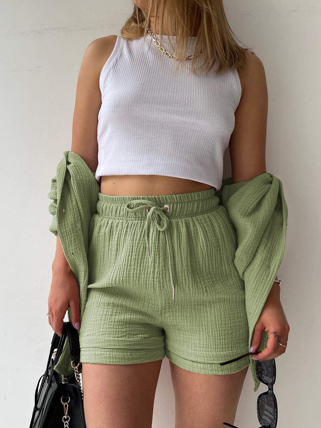 Texture Button Up Shirt and Drawstring Shorts Set - Trendsi - Flyclothing LLC
