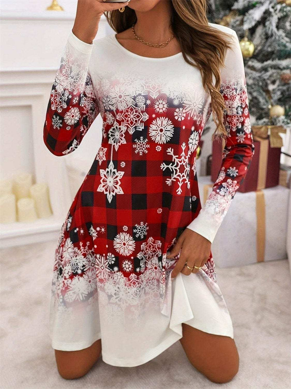 Snowflakes Plaid Round Neck Long Sleeve Dress - Trendsi - Flyclothing LLC