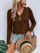 Full Size V-Neck Decor Button Long Sleeve T-Shirt Plus Size - Trendsi - Flyclothing LLC